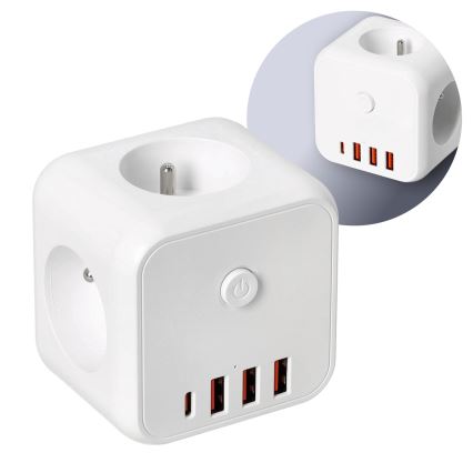 Razdelilnik vtičnic s stikalom LINEA 3x230V + 4xUSB A/C SCHUKO bela