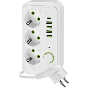 Razdelilnik vtičnic s stikalom LINEA 3x230V + 5xUSB A/C SCHUKO 3 m bela