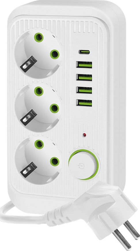 Razdelilnik vtičnic s stikalom LINEA 3x230V + 5xUSB A/C SCHUKO 3 m bela