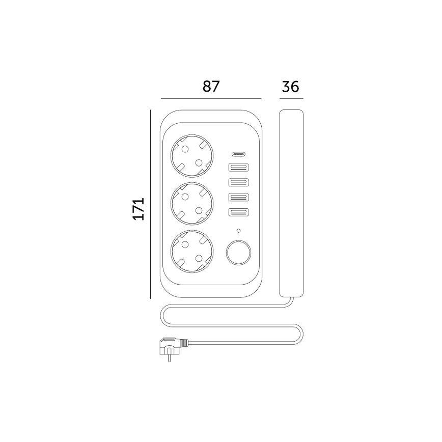 Razdelilnik vtičnic s stikalom LINEA 3x230V + 5xUSB A/C SCHUKO 3 m bela