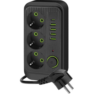 Razdelilnik vtičnic s stikalom LINEA 3x230V + 5xUSB A/C SCHUKO 5 m črna