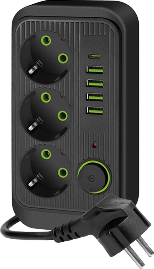 Razdelilnik vtičnic s stikalom LINEA 3x230V + 5xUSB A/C SCHUKO 5 m črna