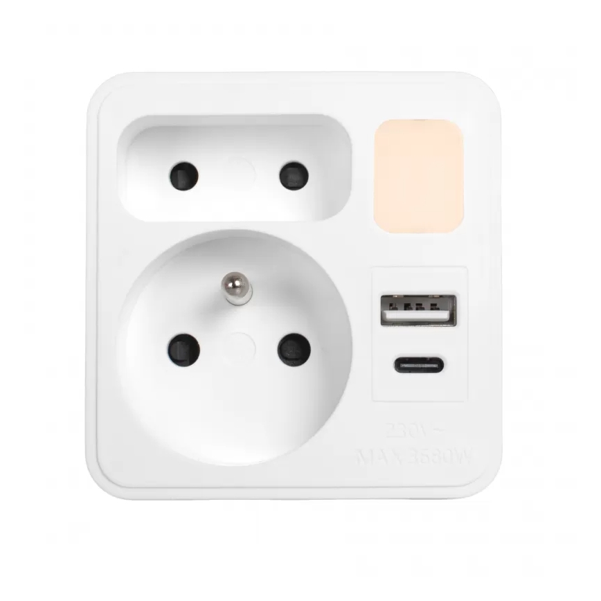 Razdelilec z 2 vtičnicama + USB-C + USB-A z LED osvetlitvijo LED/0,5W/230V 3000K