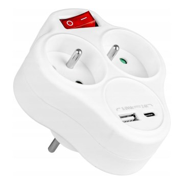 Razdelilnik z dvema vtičnicama in stikalom + USB-C + USB-A