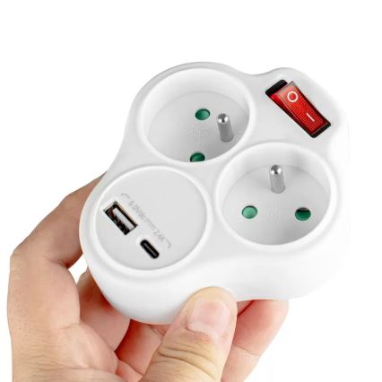 Razdelilnik z dvema vtičnicama in stikalom + USB-C + USB-A