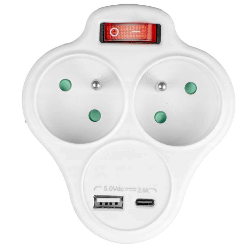 Razdelilnik z dvema vtičnicama in stikalom + USB-C + USB-A