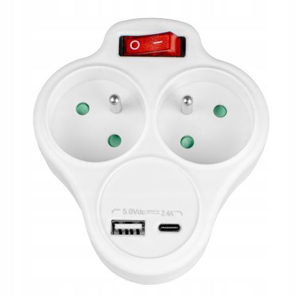 Razdelilnik z dvema vtičnicama in stikalom + USB-C + USB-A