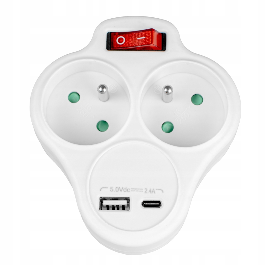 Razdelilnik z dvema vtičnicama in stikalom + USB-C + USB-A