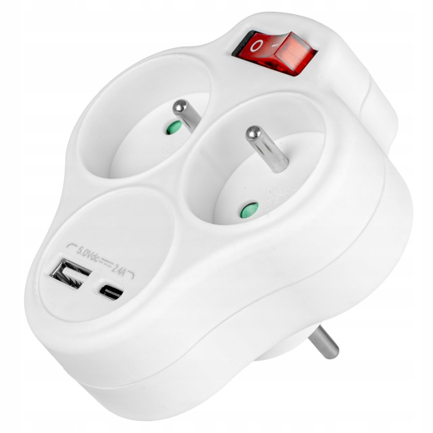 Razdelilnik z dvema vtičnicama in stikalom + USB-C + USB-A