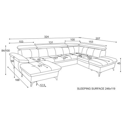 Raztegljiv kotni sedežni garnitura v obliki črke U CATANIA z desnim kotom in shranjevalnim prostorom, grafitna barva