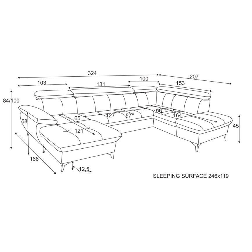Raztegljiv kotni sedežni garnitura v obliki črke U CATANIA z desnim kotom in shranjevalnim prostorom, grafitna barva