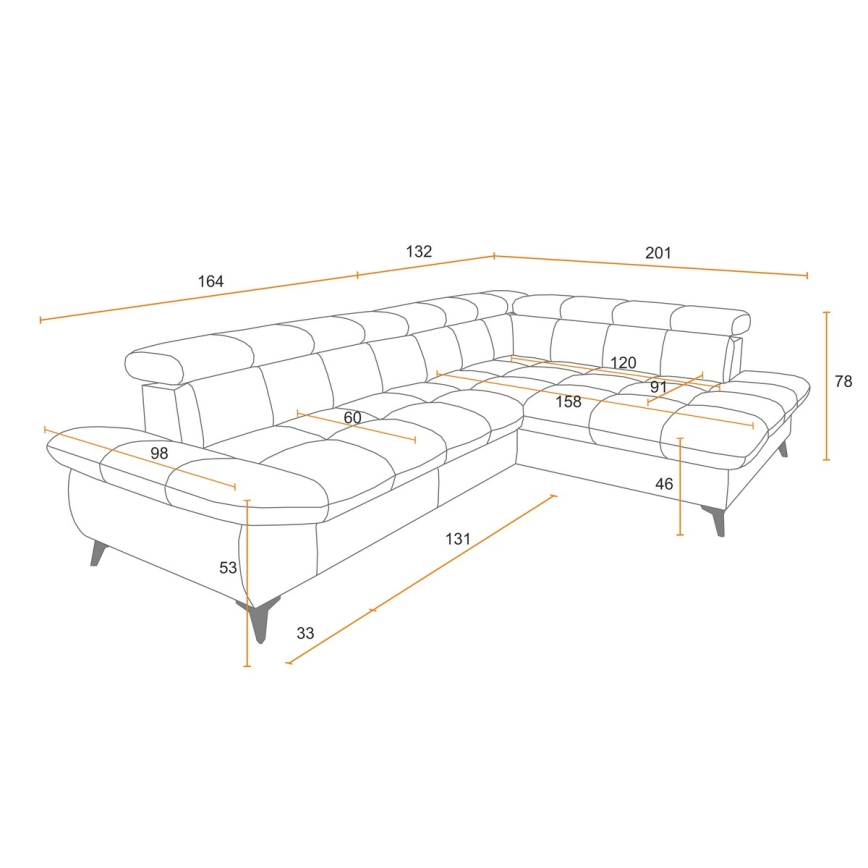 Raztegljiv kotni sedežni garnitura v obliki črke L MARANO desna siva