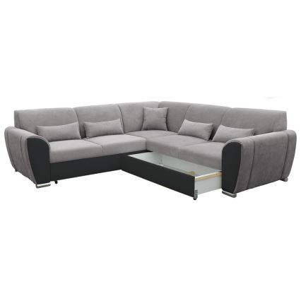 Raztegljiva kotna sedežna garnitura z shranjevalnim prostorom v obliki črke L VISEU desna siva/črna