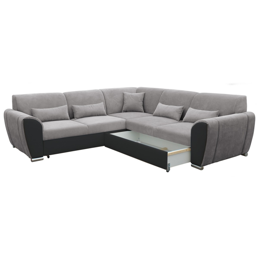 Raztegljiva kotna sedežna garnitura z shranjevalnim prostorom v obliki črke L VISEU desna siva/črna