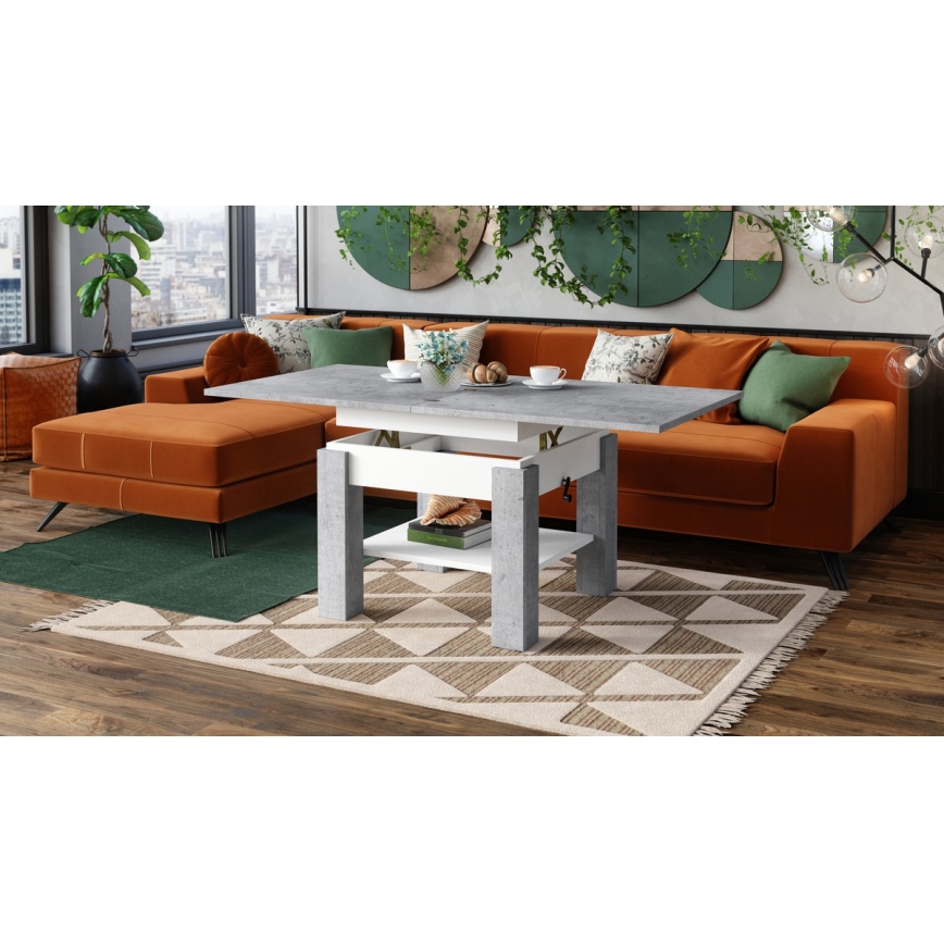 Raztegljiva klubska/jedilna miza z dvižno ploščo CALEB, v betonsko sivi/beli barvi