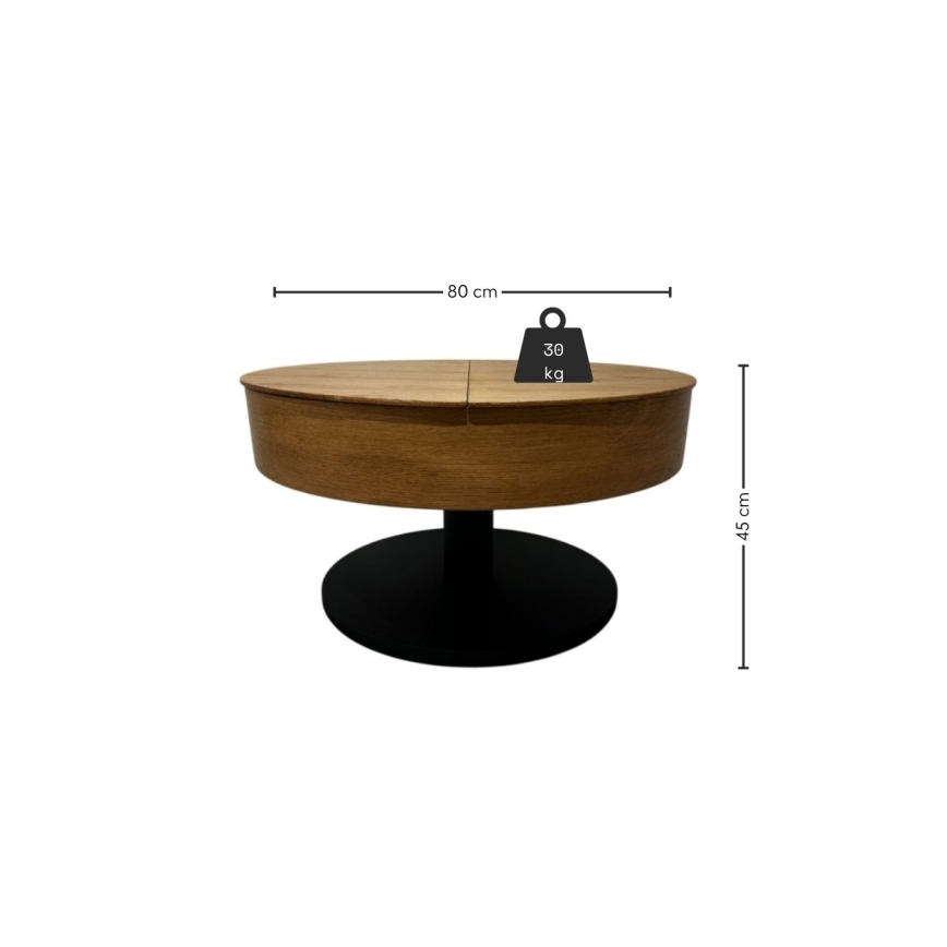 Raztegljiva klubska mizica z dvignljivo mizno ploščo PURE, premer 80 cm, hrast/črna