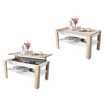 Raztegljiva klubska mizica z dvignljivo zgornjo ploščo in polico ADEN hrast sonoma/bela