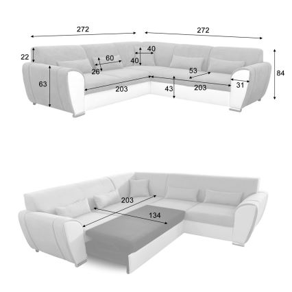 Raztegljiva kotična sedežna garnitura VISEU v obliki črke L, leva, s prostorom za shranjevanje, siva/bela