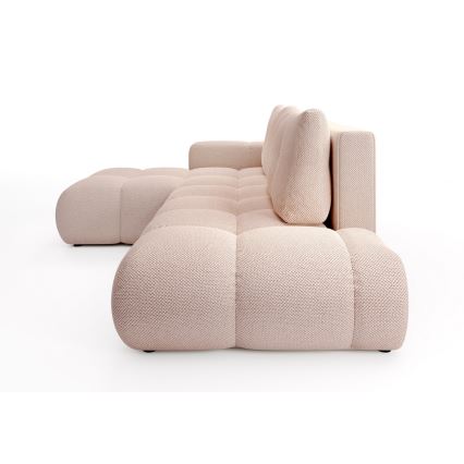 Raztegljiva tapecirana kotna sedežna garnitura ALMADA v obliki L, leva, rožnata, z vgrajenim prostorom za shranjevanje