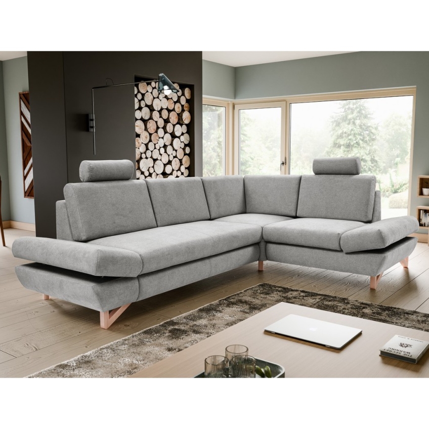 Raztegljiva kotna oblazinjena sedežna garnitura AVESTA v obliki črke L s shranjevalnim prostorom, desna, siva