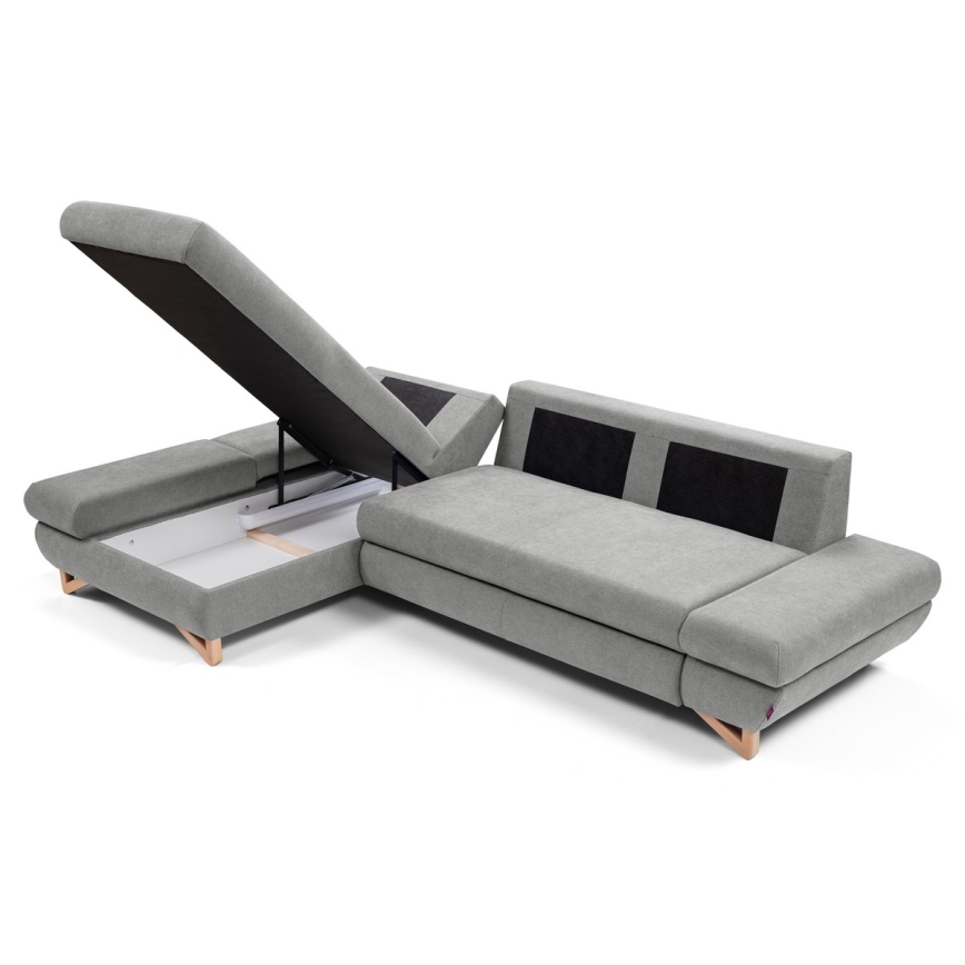 Raztegljiva kotna oblazinjena sedežna garnitura AVESTA, L‑oblikna (levo), s shranjevalnim prostorom, siva