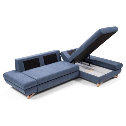 Raztegljiva kotna oblazinjena sedežna garnitura AVESTA v obliki L, desna, modra, s prostorom za shranjevanje