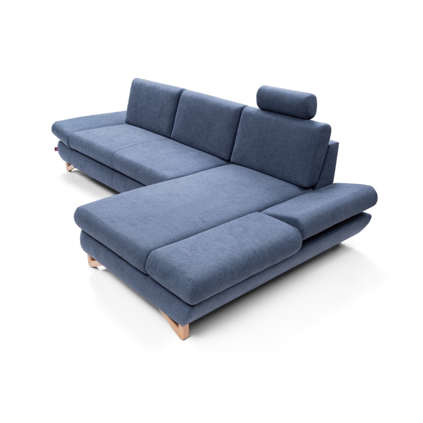 Raztegljiva kotna oblazinjena sedežna garnitura AVESTA v obliki L, desna, modra, s prostorom za shranjevanje