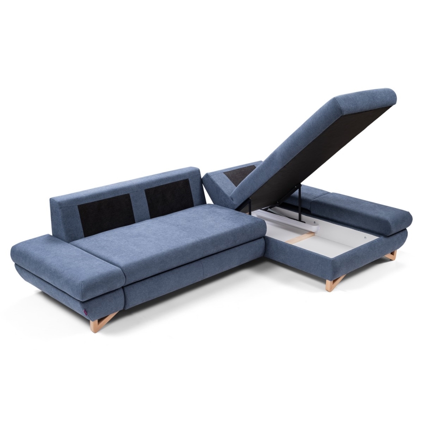 Raztegljiva kotna oblazinjena sedežna garnitura v obliki črke L AVESTA, z prostorom za shranjevanje, desna, modra