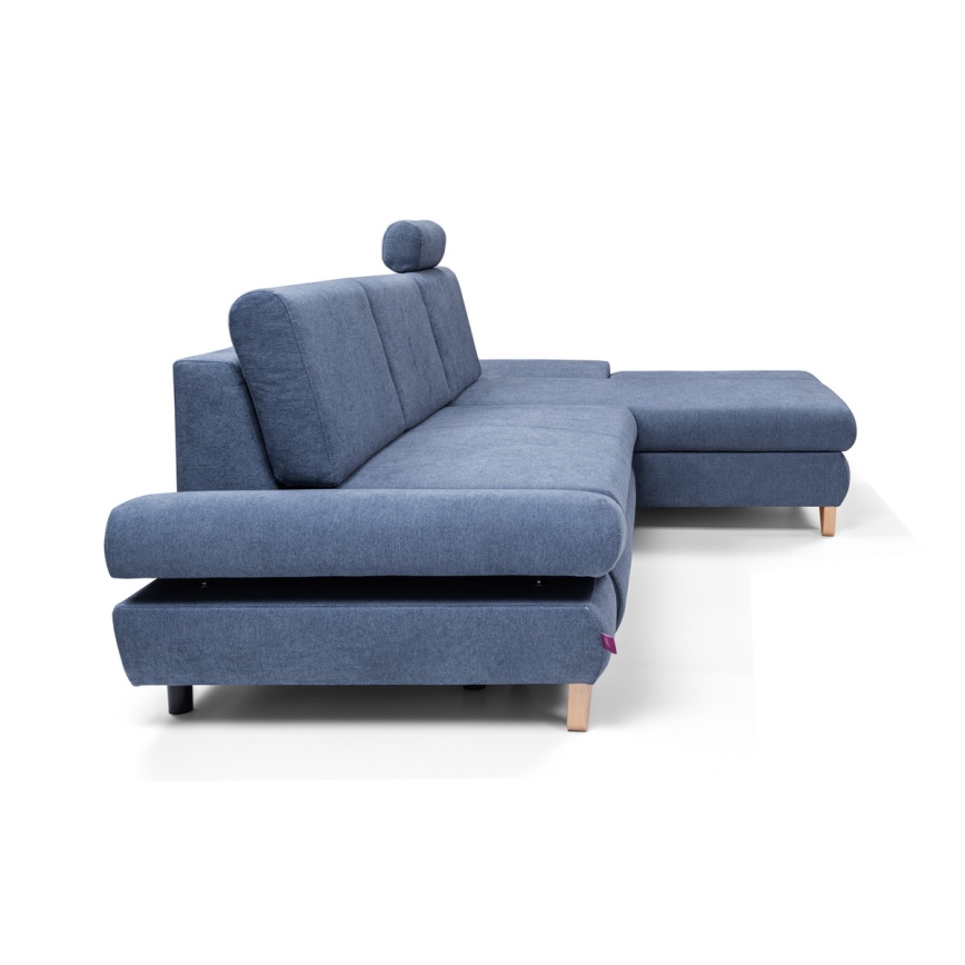 Raztegljiva kotna oblazinjena sedežna garnitura v obliki črke L AVESTA, z prostorom za shranjevanje, desna, modra