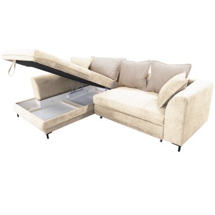 Raztegljiva kotna sedežna garnitura LAGOA v obliki črke L, leva, z dodatnim shranjevalnim prostorom, bež/rjava