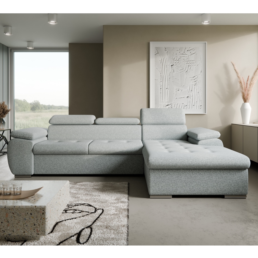 Raztegljiva kotna sedežna garnitura v obliki črke L z shranjevalnim prostorom PADUA, siva, desna