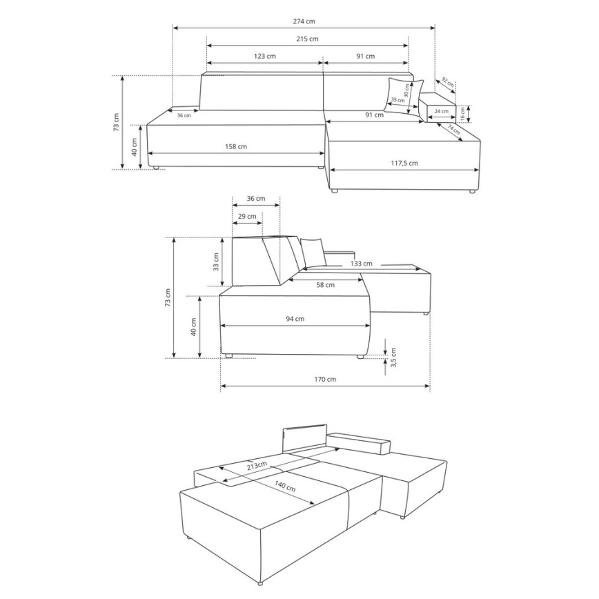 Raztegljiva kotna sedežna garnitura z odlagalnim prostorom v obliki L TERAMO, desna, bež