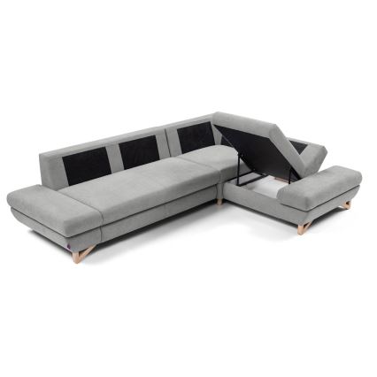 Raztegljiva kotna oblazinjena sedežna garnitura AVESTA v obliki črke L s shranjevalnim prostorom, desna, siva