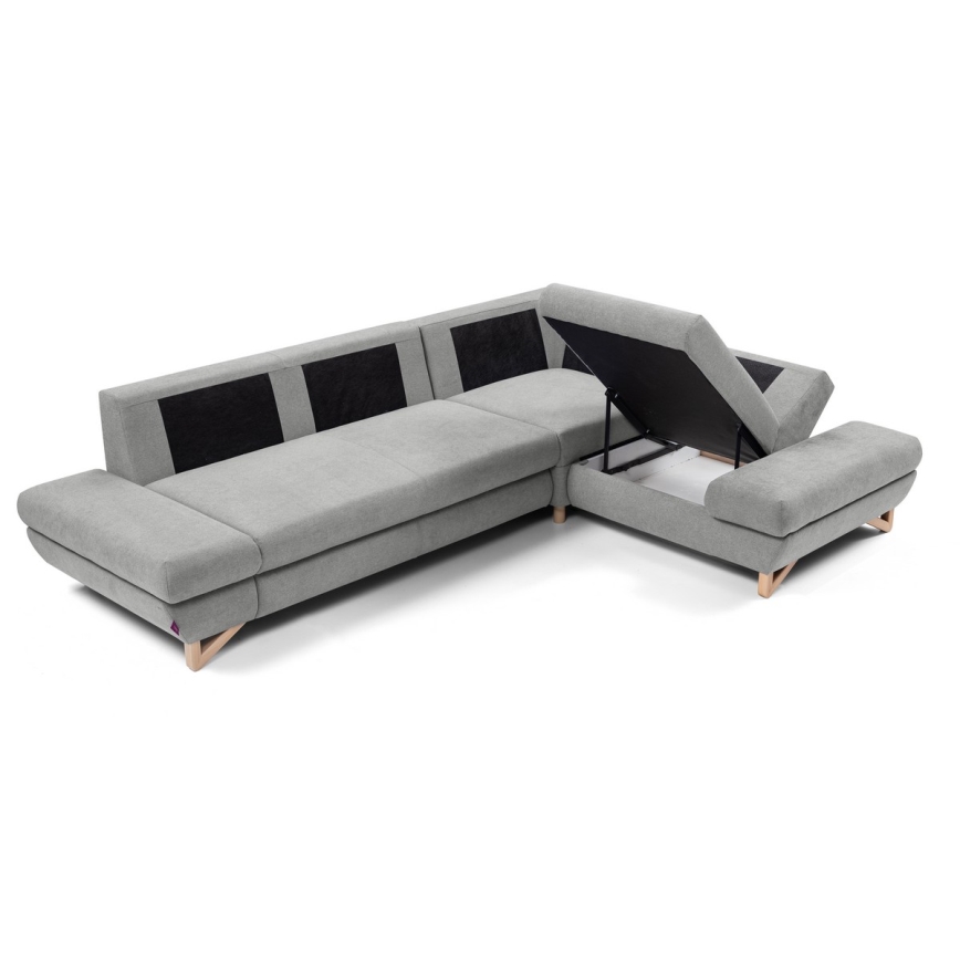 Raztegljiva kotna oblazinjena sedežna garnitura AVESTA v obliki črke L s shranjevalnim prostorom, desna, siva