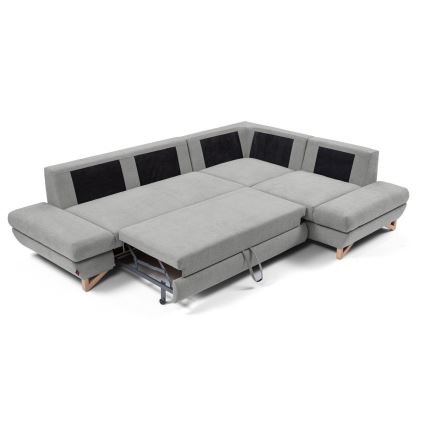 Raztegljiva kotna oblazinjena sedežna garnitura AVESTA v obliki črke L s shranjevalnim prostorom, desna, siva