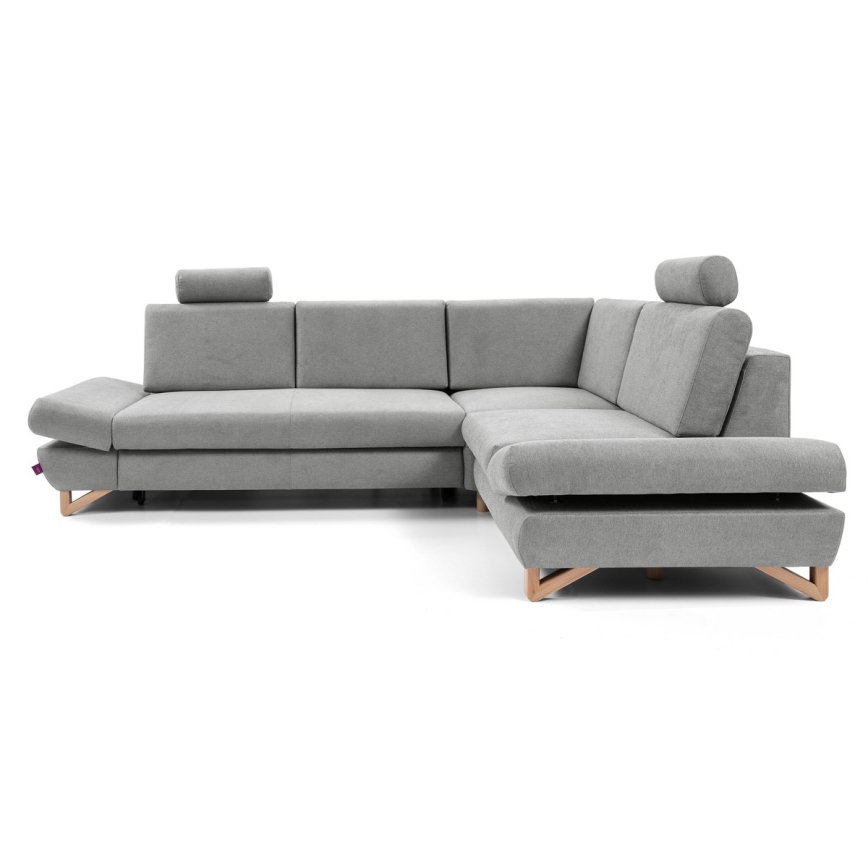 Raztegljiva kotna oblazinjena sedežna garnitura AVESTA v obliki črke L s shranjevalnim prostorom, desna, siva