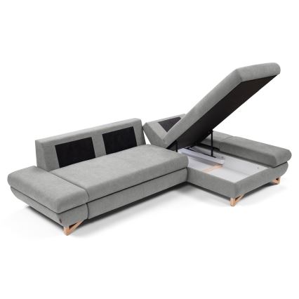 Raztegljiva kotna oblazinjena sedežna garnitura v L-obliki AVESTA, desna, s predalom za shranjevanje, siva