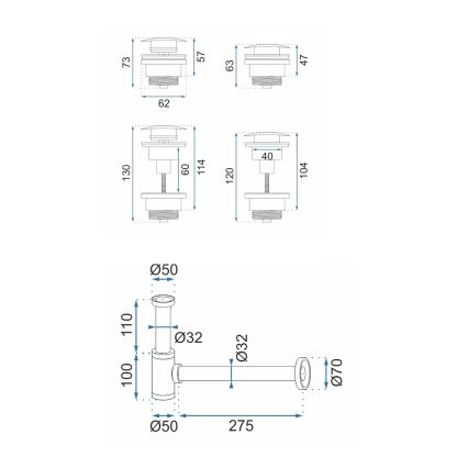 REA-A8541 - Sifon za umivalnik z odtokom CLICK-CLACK, premer 6,4 cm, rožnato zlato