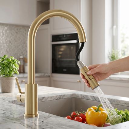 REA-B9842 - Dotikavna kuhinjska pipa z izvlečno prho FRESH TOUCH 37 cm 4xAA brušeno zlato
