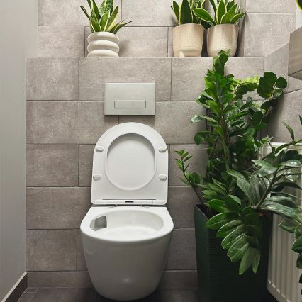 REA-C1259 - Viseča WC školjka z sedežno desko CARLO MINI TORNADO brez obroča keramika/sijajna bela