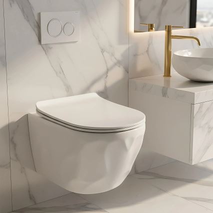 REA-C1652 - Viseča WC školjka s sedežno desko GUSTAVO RIMLESS keramika/bela