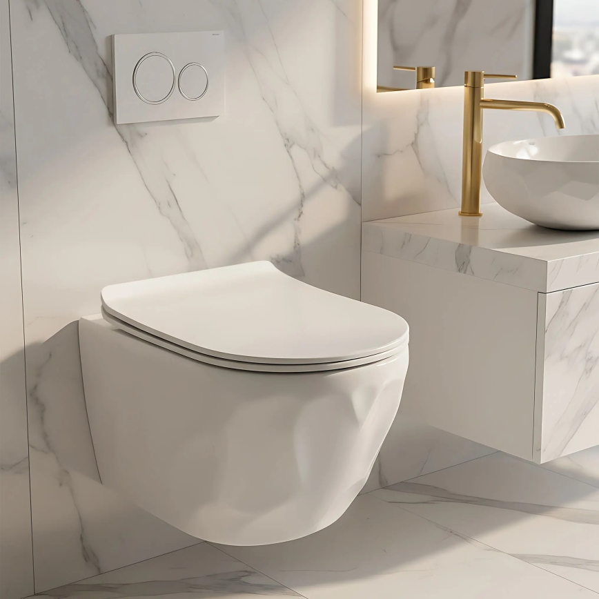 REA-C1652 - Viseča WC školjka s sedežno desko GUSTAVO RIMLESS keramika/bela