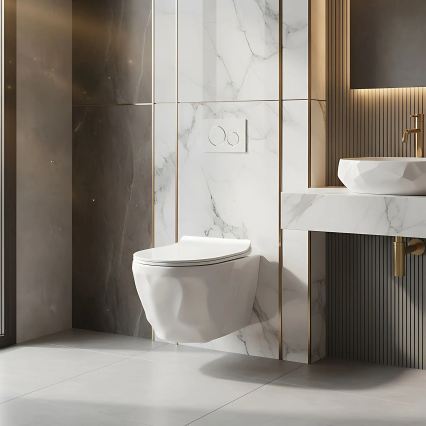 REA-C1652 - Viseča WC školjka s sedežno desko GUSTAVO RIMLESS keramika/bela