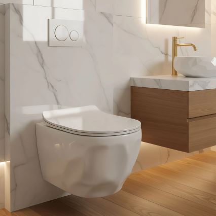 REA-C1652 - Viseča WC školjka s sedežno desko GUSTAVO RIMLESS keramika/bela