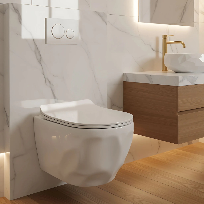 REA-C1652 - Viseča WC školjka s sedežno desko GUSTAVO RIMLESS keramika/bela