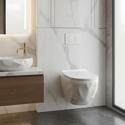 REA-C1652 - Viseča WC školjka s sedežno desko GUSTAVO RIMLESS keramika/bela