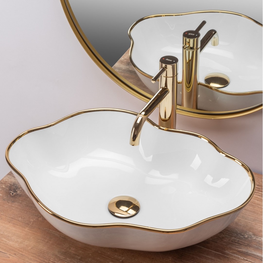 REA-U0696 - Umivalnik na pult PEARL 38x50,5 cm keramika/sijajna bela/zlata
