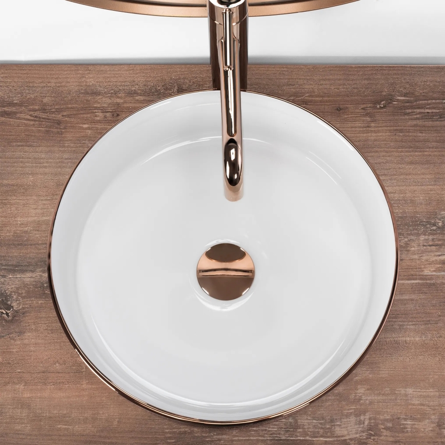 REA-U3303 - Umivalnik na pult SAMI, premer 37 cm, keramika/bela/zlata