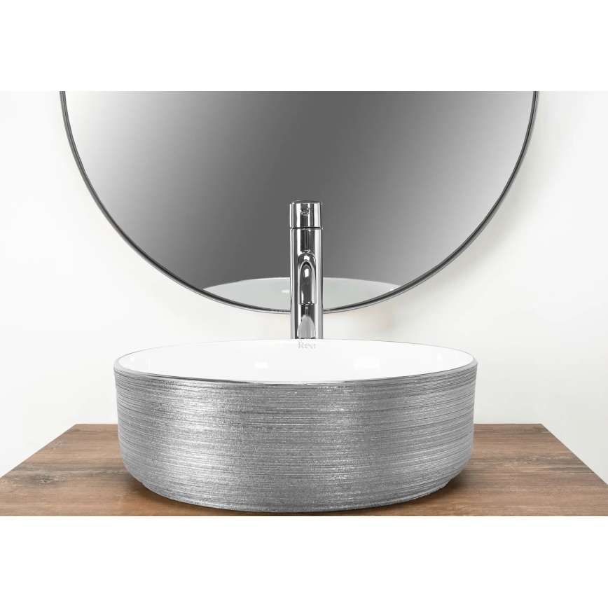 REA-U3304 - Pultni umivalnik SAMI, premer 36 cm, keramika/bela/srebrna