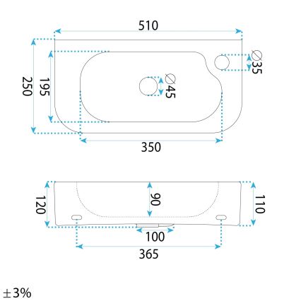 REA-U3610 - Umivalnik na pult/stenski ODETTA 25x51 cm keramika/sijajna bela